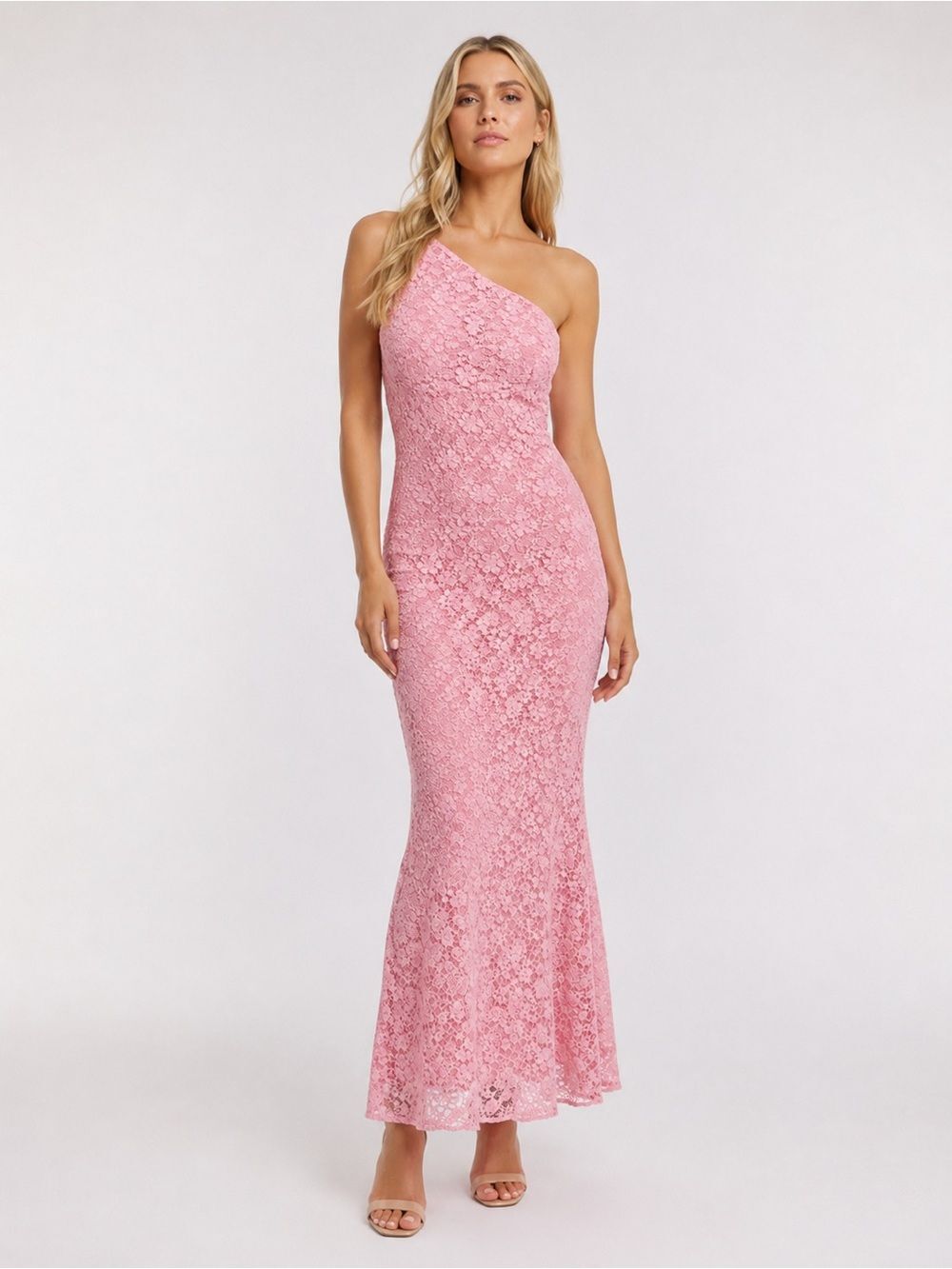 Bardot Albie One Shoulder Lace Bodycon Maxi Dress Pink Formal Gown 4 NEW
